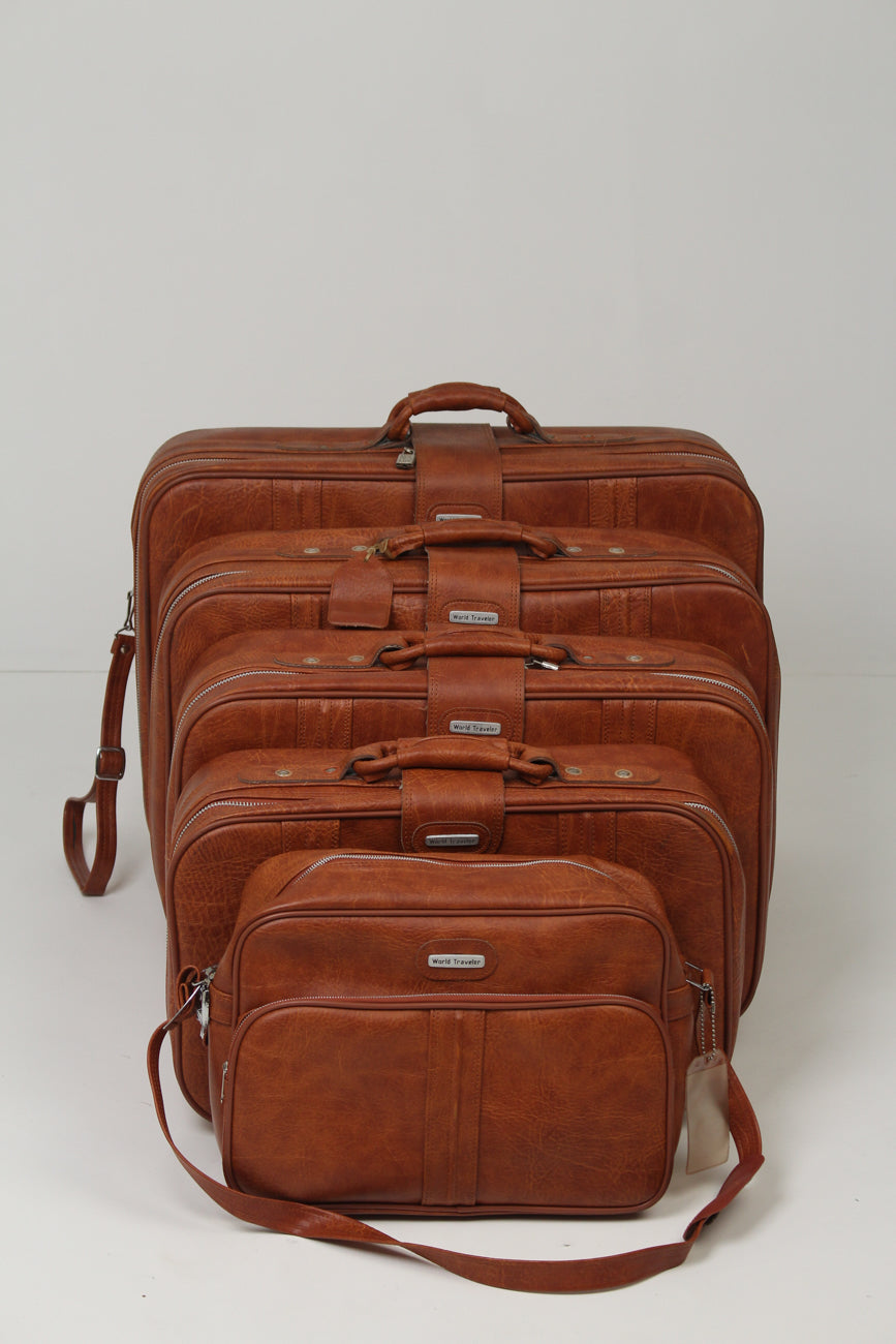 Set of 5 Brown Leather Vintage Travel Bags GS Productions